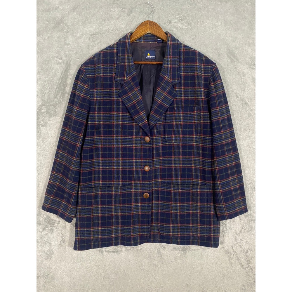 Lizsport Blazer Women L Navy Blue Tartan Plaid Wool Blend Lined VTG 90s Preppy